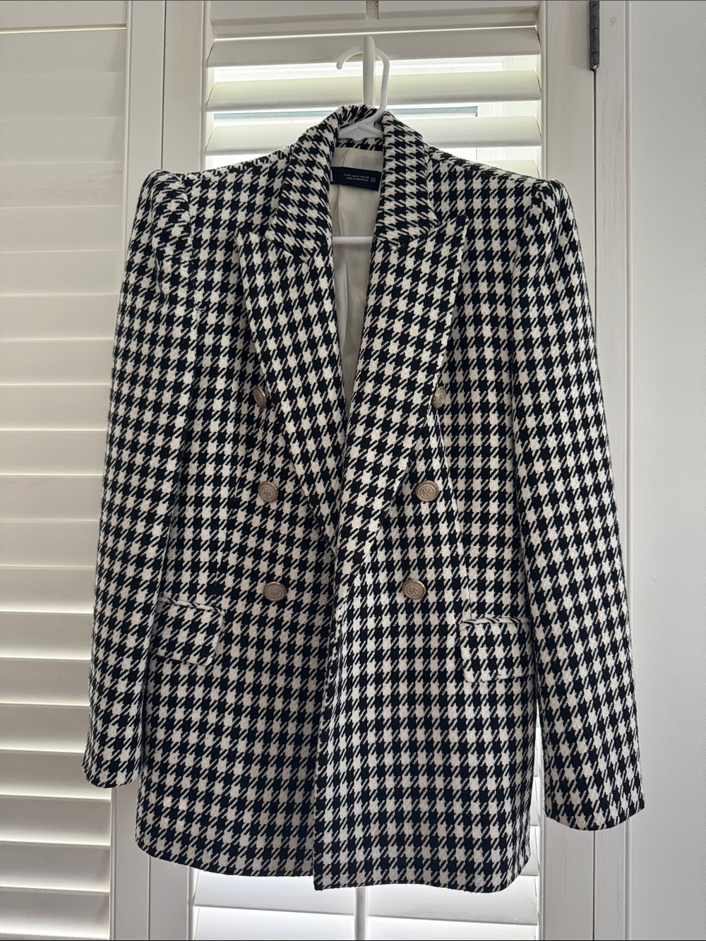 Zara Black and White Houndstooth Double-Breasted Blazer